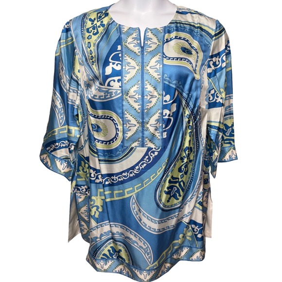 Coldwater Creek Tops - COLDWATER CREEK Womens Blue Paisley 100% Silk Tunic Blouse 1X Boho Palm Beach